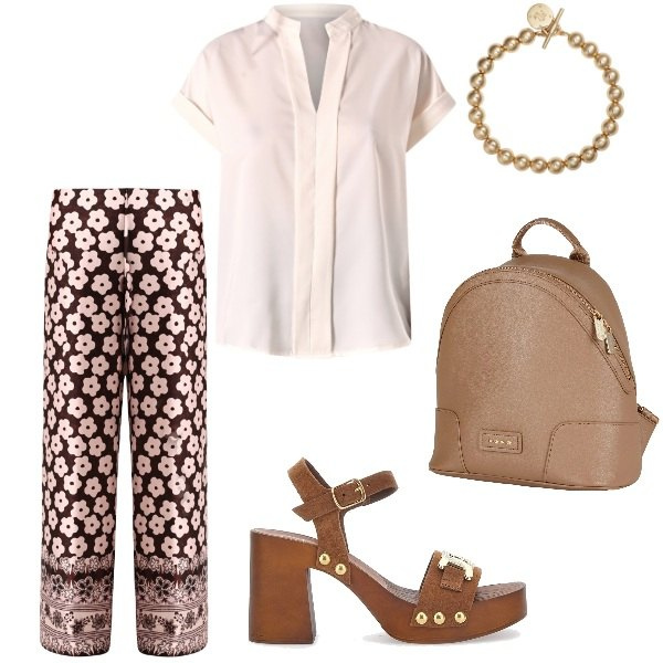 Outfit donna - Aperitivo veloce. Stile Bon Ton per Serata fuori. Abbinamento con zaini, pantaloni a palazzo, bluse, braccialetti, zoccoli.