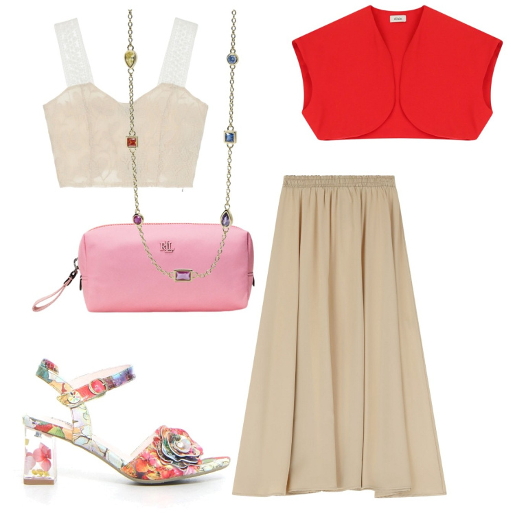 Outfit donna - Leggerezza. Stile Romantica per Cerimonia. Abbinamento con collane, gonne lunghe, gilet, top, pochette, sandali col tacco.