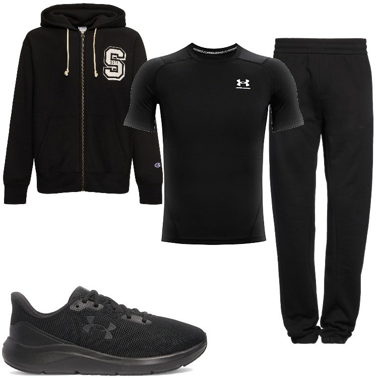 Outfit uomo - Sport total black. Stile Casual per Sport. Abbinamento con pantaloni, scarpe sportive, t-shirt sportive, felpe con cappuccio.