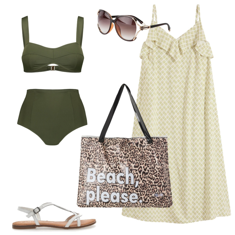 Outfit donna - Costume verde foresta. Stile Casual per Mare. Abbinamento con occhiali da sole, vestiti midi/longuette, borse tote, bikini, sandali.