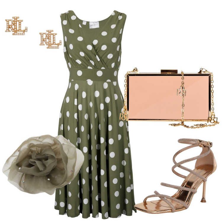 Outfit donna - Un vestito a pois. Stile Vintage retrò per Cerimonia. Abbinamento con vestiti, sandali col tacco, pochette, foulard, orecchini.