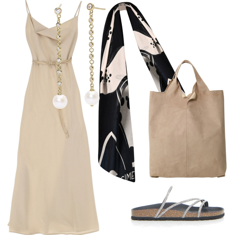 Outfit donna - Maxi dress minimal. Stile Minimal per Serata fuori. Abbinamento con vestiti lunghi, shopping bag, orecchini, sciarpe, ciabatte.