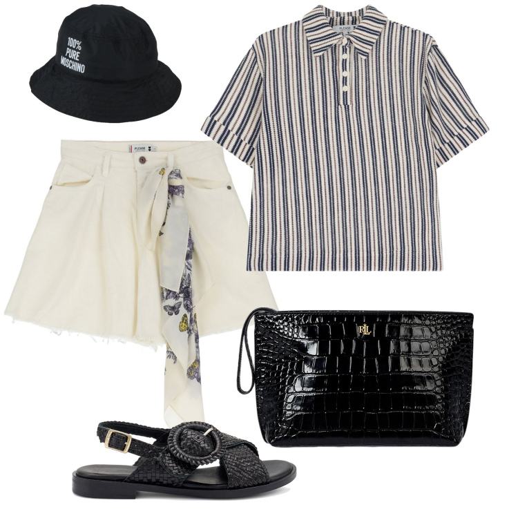 Outfit donna - Aperitivo. per Mare. Abbinamento con cappelli, shorts, t-shirt, pochette, sandali.