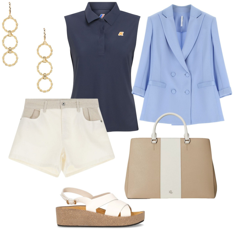 Outfit donna - Serata estiva. per Mare. Abbinamento con shorts, blazer, borse a mano, orecchini, sandali, polo.