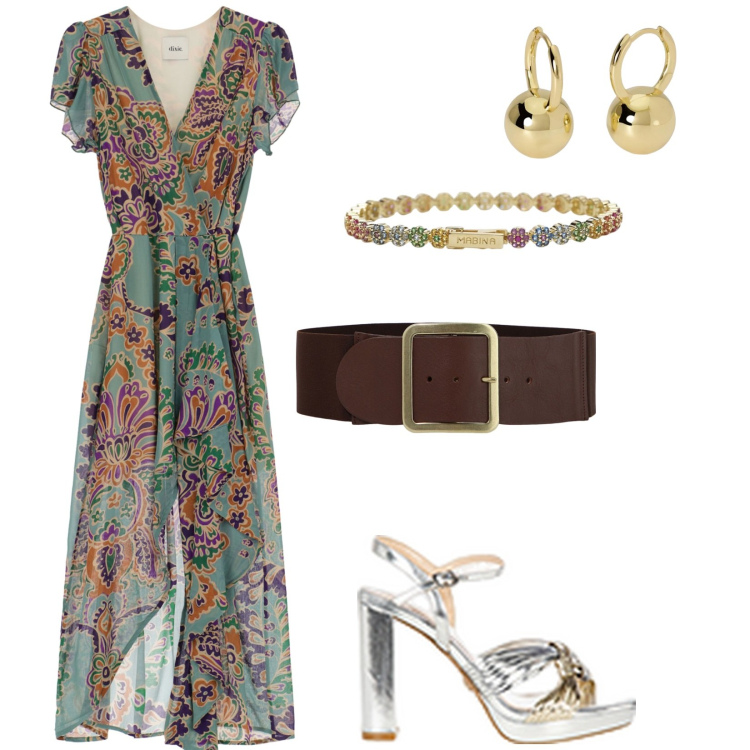 Outfit donna - Serate al Mare. Stile Glamour per Mare. Abbinamento con vestiti, cinture, braccialetti, orecchini, sandali in pelle.