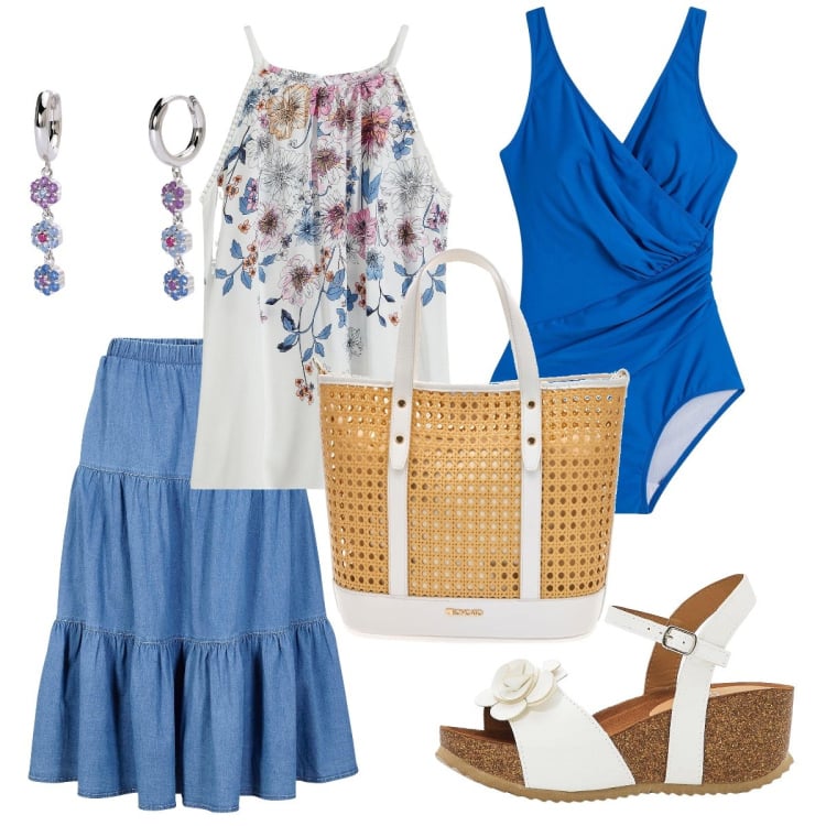 Outfit donna - In spiaggia. Stile Boho per Mare. Abbinamento con top, sandali, gonne longuette, costumi interi, orecchini, borse a spalla.