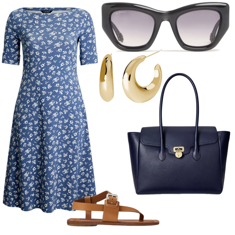 Outfit donna - Caldo. per Tutti i giorni. Abbinamento con orecchini, vestiti, sandali in pelle, borse a mano, occhiali da sole.