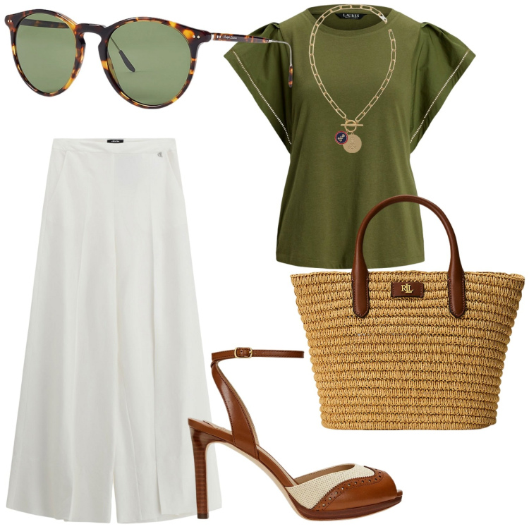 Outfit donna - A lavoro. per Ufficio. Abbinamento con pantaloni a palazzo, occhiali da sole, sandali in pelle, t-shirt, ciondoli, borse tote.