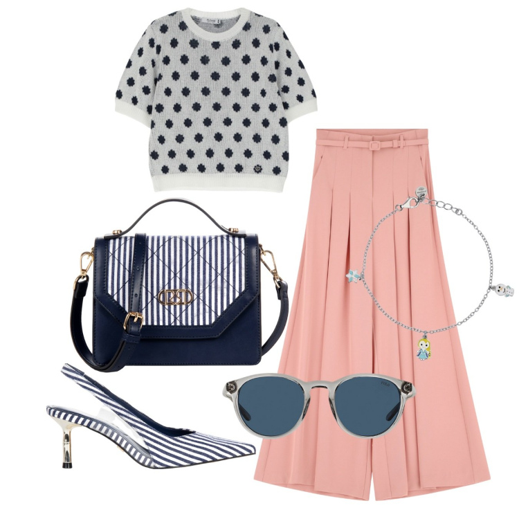 Outfit donna - Righe e pois. Stile Vintage retrò per Tutti i giorni. Abbinamento con borse a mano, décolleté, maglieria, braccialetti con ciondoli, pantaloni, occhiali da sole.