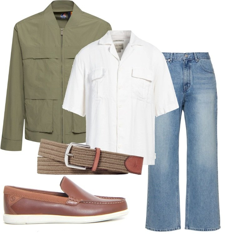 Outfit uomo - La giacca barion verde lichen. Stile Casual per Tutti i giorni. Abbinamento con camicie a manica corta, cinture, jeans, scarpe stringate, giacche.