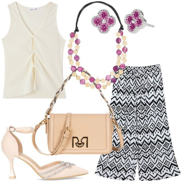 Outfit donna - Coordinati Focus chic. Stile Casual chic per Serata fuori. Abbinamento con pantaloni a palazzo, top, orecchini, borse a tracolla, collane, décolleté.