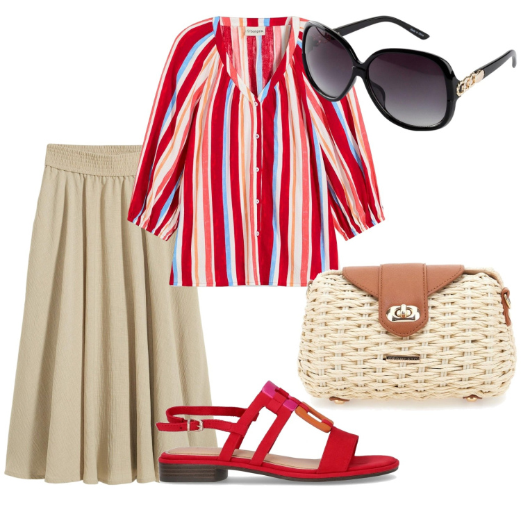 Outfit donna - La blusa a righe. per Tutti i giorni. Abbinamento con gonne longuette, bluse, occhiali da sole, sandali, borse a tracolla.