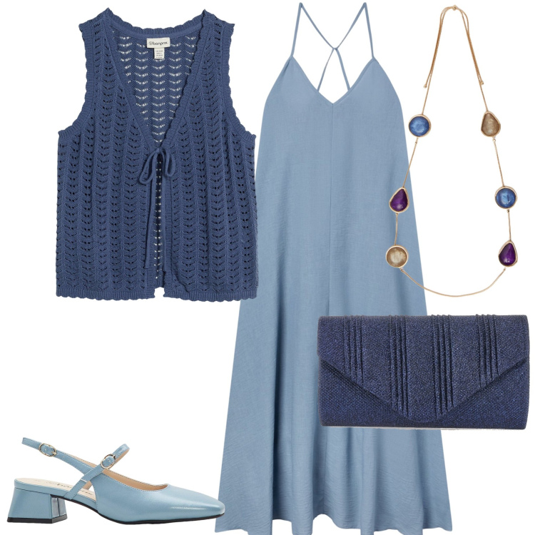 Outfit donna - A cena con amici. Stile Chic per Serata fuori. Abbinamento con maglieria, décolleté, vestiti lunghi, clutch, collane.
