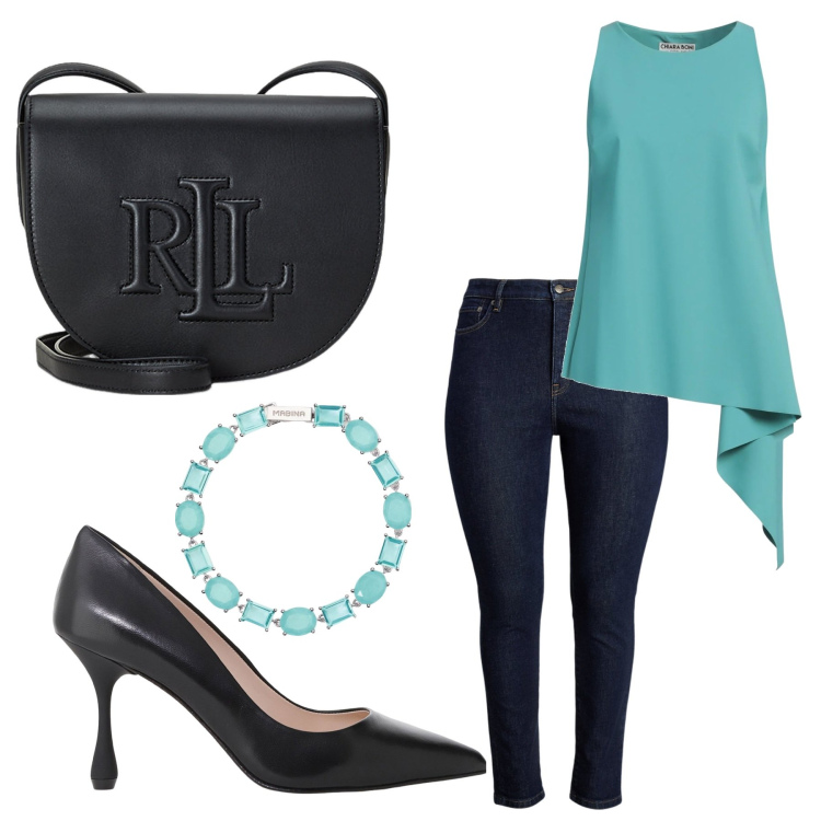 Outfit donna - Acquamarina. Stile Casual chic per Serata fuori. Abbinamento con top, braccialetti, décolleté, borse a tracolla, jeans skinny.