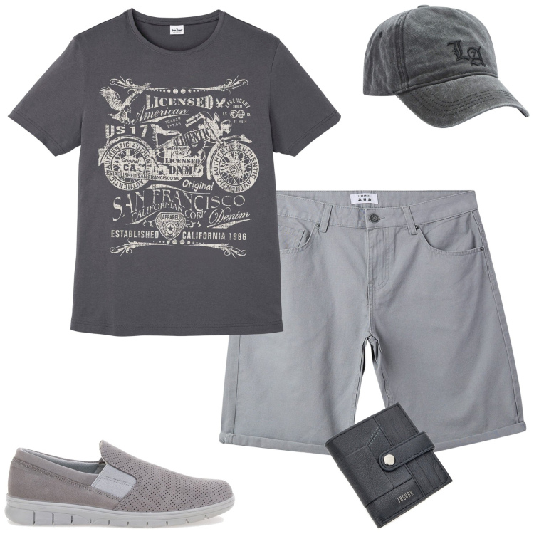 Outfit uomo - Passeggiando. Stile Casual per Tutti i giorni. Abbinamento con t-shirt, bermuda, cappelli, scarpe stringate, portafogli.