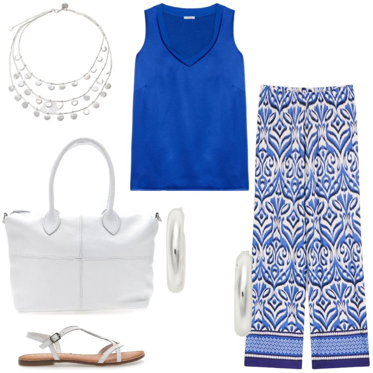 Outfit donna - Arabeschi. Stile Casual per Tutti i giorni. Abbinamento con pantaloni, ciondoli, orecchini, top, sandali, borse a mano.