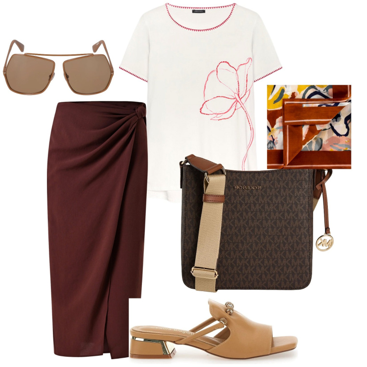 Outfit donna - Belle tonalità. per Tutti i giorni. Abbinamento con borse a tracolla, gonne longuette, foulard, ciabatte, t-shirt, occhiali da sole.