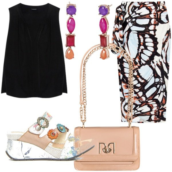 Outfit donna - Coordinato Curvy chic 2025. Stile Glamour per Serata fuori. Abbinamento con orecchini, borse a tracolla, gonne longuette, top, ciabatte.