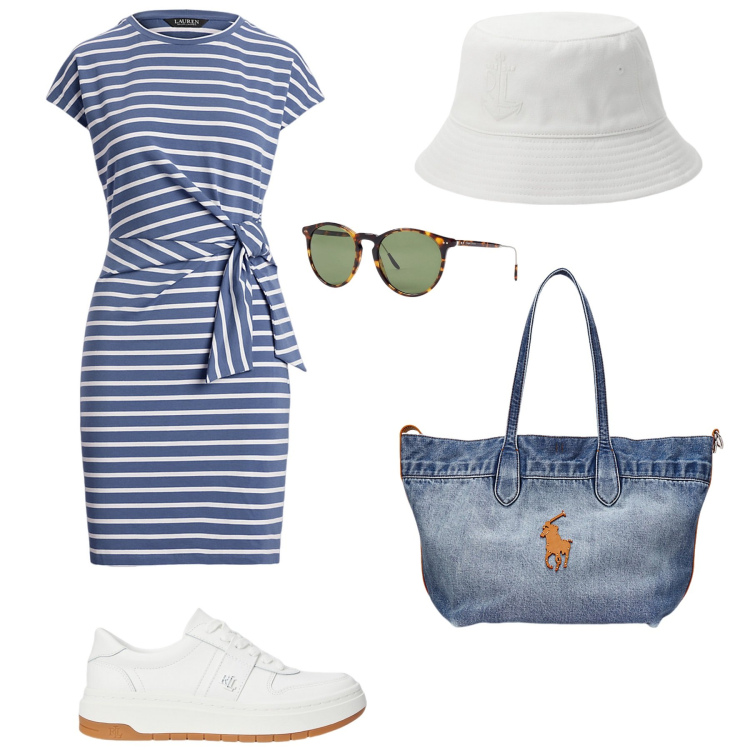 Outfit donna - Giornata in barca. Stile Basic per Mare. Abbinamento con sneakers, vestiti, occhiali da sole, borse tote, cappelli.