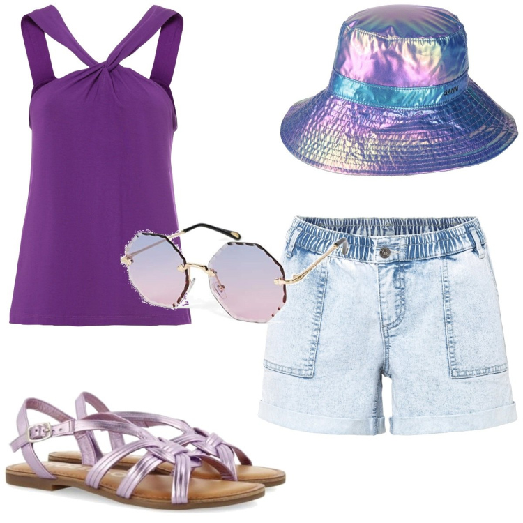 Outfit femme - Irisé. Style Tendance pour Tous les jours. Assortir avec hauts, short, lunettes de soleil, sandales, chapeaux.