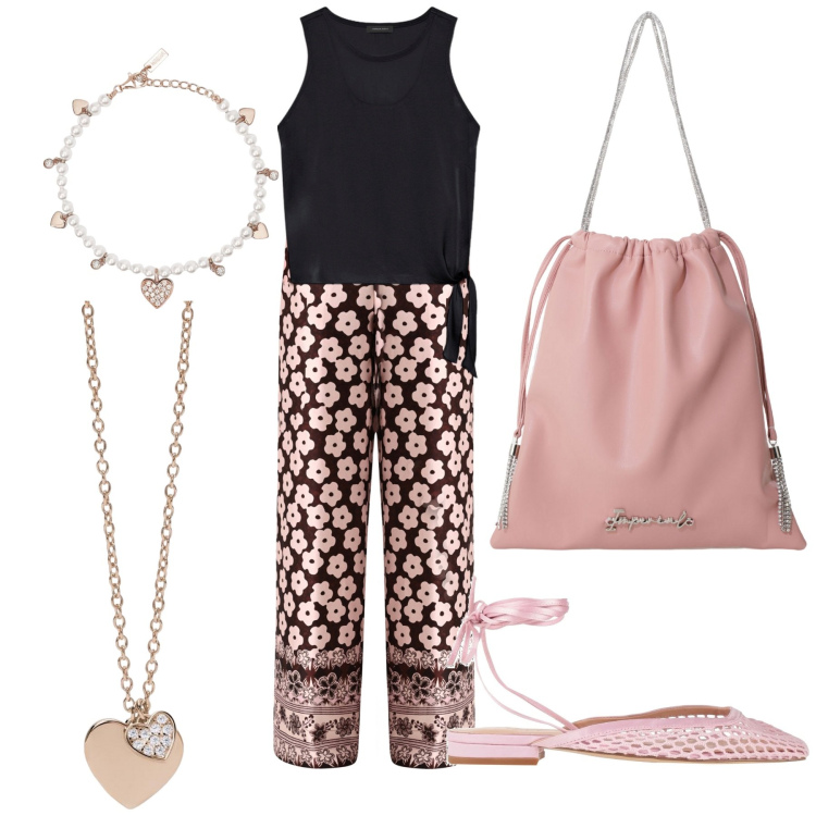 Outfit donna - Outfit giornaliero. Stile Casual chic per Serata fuori. Abbinamento con ballerine, braccialetti, ciondoli, pantaloni a palazzo, borse a secchiello, top.