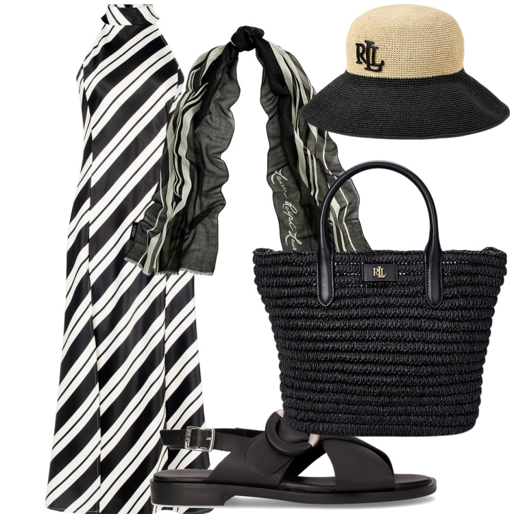 Outfit donna - Apericena. per Mare. Abbinamento con vestiti, borse tote, cappelli, foulard, sandali.