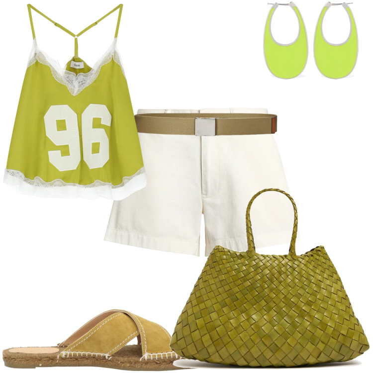 Outfit donna - Shorts e top. Stile Casual per Tutti i giorni. Abbinamento con espadrillas, top, shorts, cinture, orecchini, borse a spalla.