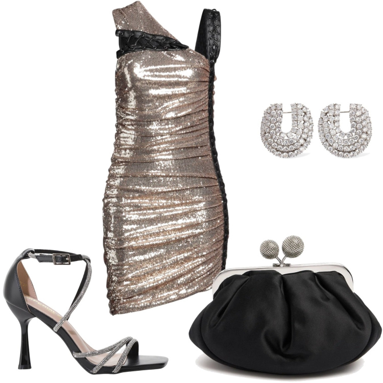 Outfit donna - Serata in discoteca. Stile Glamour per Serata fuori. Abbinamento con vestiti corti, sandali col tacco, pochette, orecchini.