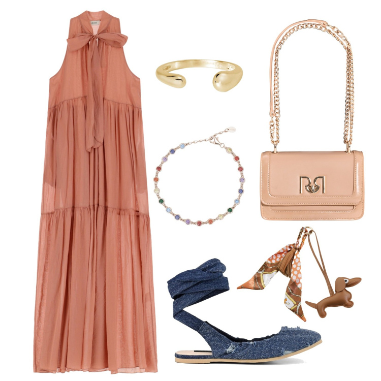 Outfit donna - Summer Dress!. Stile Romantica per Serata fuori. Abbinamento con braccialetti, anelli, borse a tracolla, vestiti lunghi, portachiavi, ballerine.