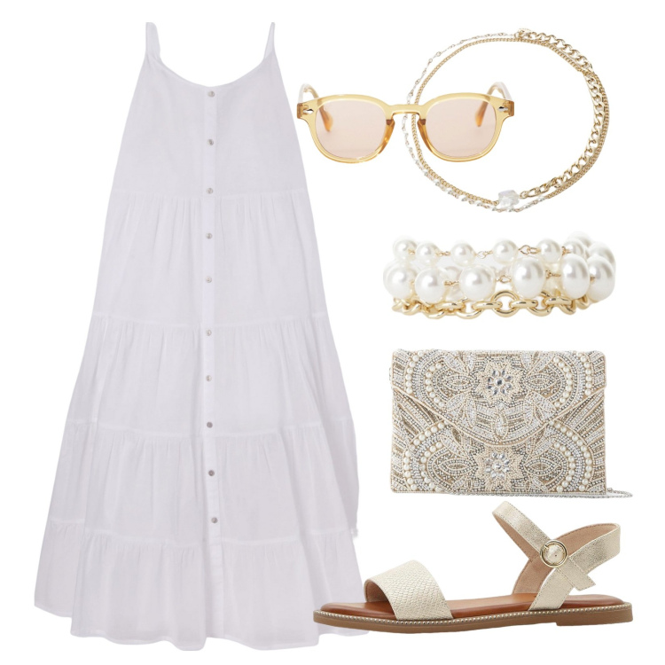 Outfit donna - Al Tramonto!. Stile Boho per Mare. Abbinamento con pochette, sandali, vestiti lunghi, occhiali da sole, braccialetti, braccialetti.