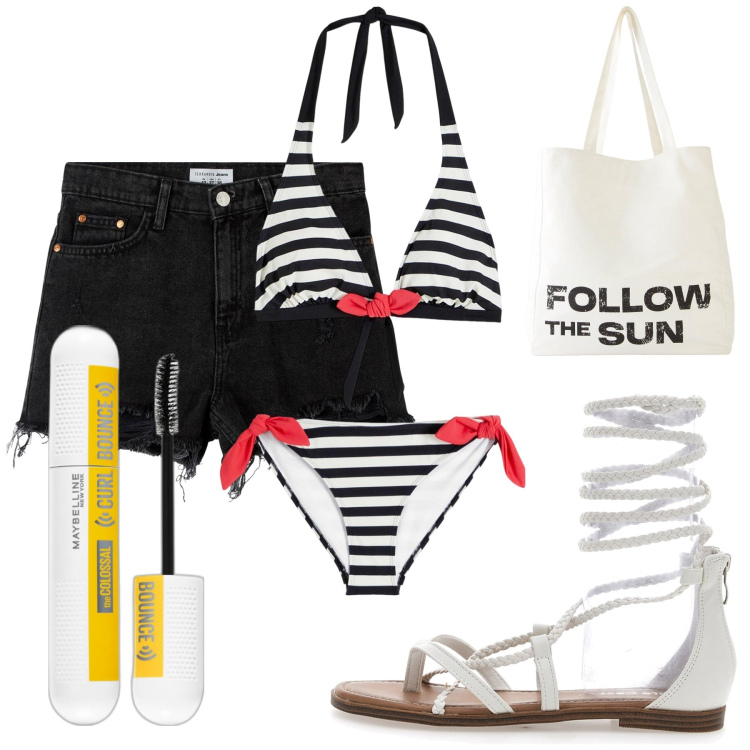 Outfit donna - Mare. Stile Trendy per Mare. Abbinamento con bikini, shopping bag, mascara, shorts, sandali alla schiava.