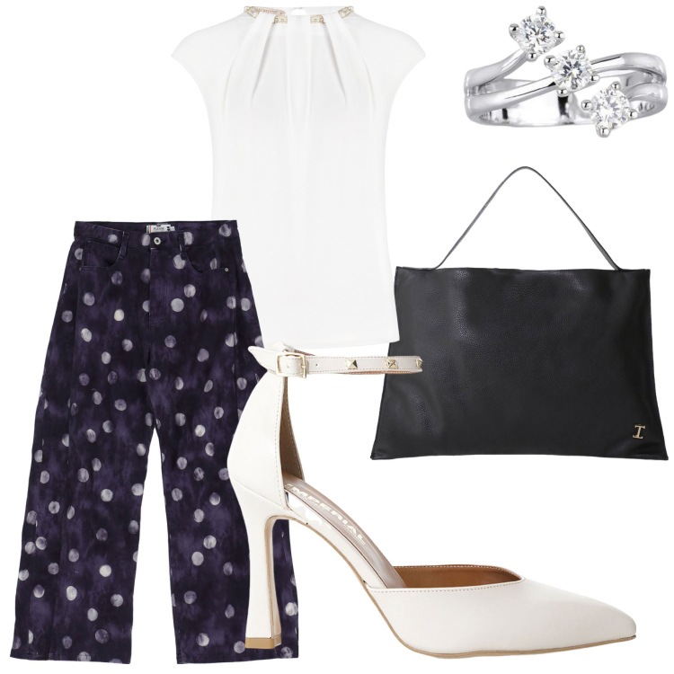 Outfit donna - Intramontabile black&white. Stile Bon Ton per Tutti i giorni. Abbinamento con anelli, bluse, pantaloni, décolleté, borse a spalla.