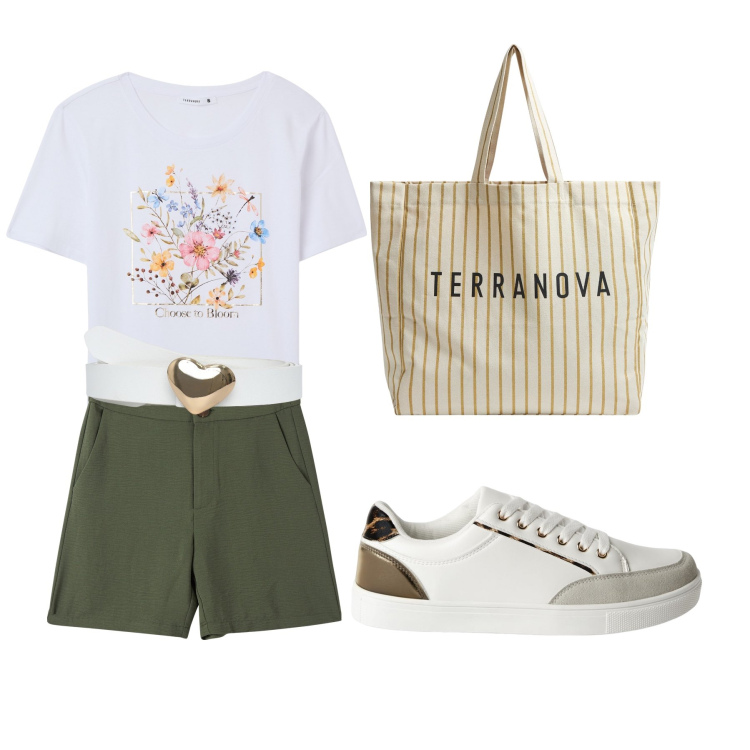 Outfit donna - Shopping con le amiche. Stile Casual per Tutti i giorni. Abbinamento con t-shirt, sneakers, cinture, bermuda, borse tote.