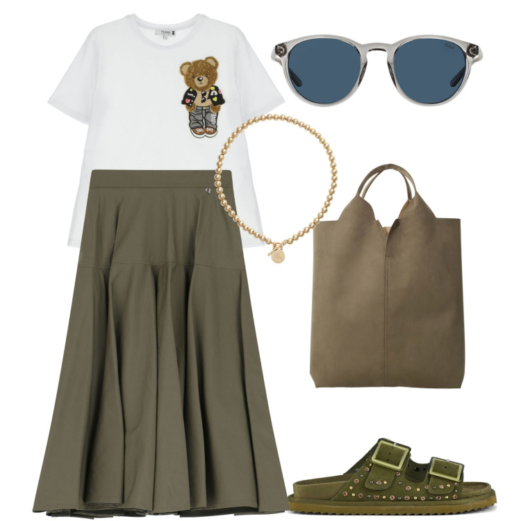 Outfit donna - Total look #2182532. Stile Casual per Tutti i giorni. Abbinamento con t-shirt, gonne lunghe, shopping bag, occhiali da sole, collane, sandali.