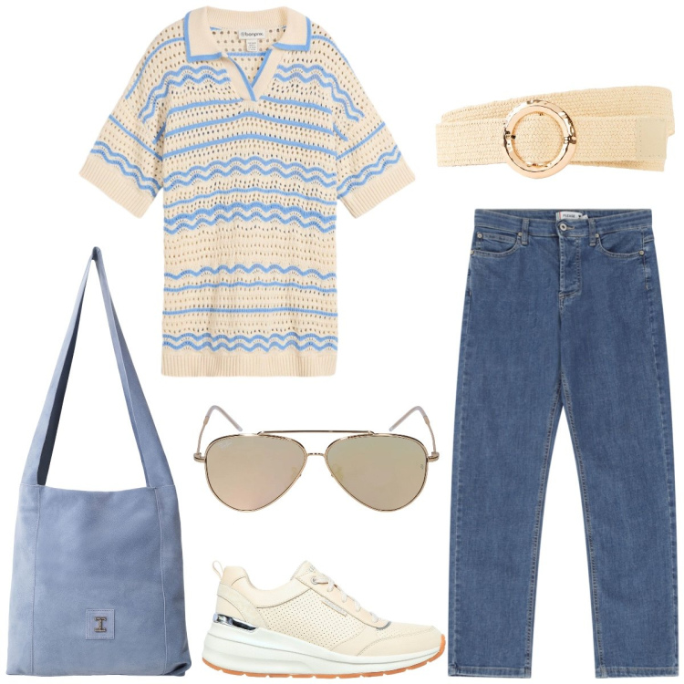 Outfit donna - Università. Stile Sporty chic per Scuola/Università. Abbinamento con polo, cinture, jeans dritti, borse a tracolla, occhiali da sole, sneakers.