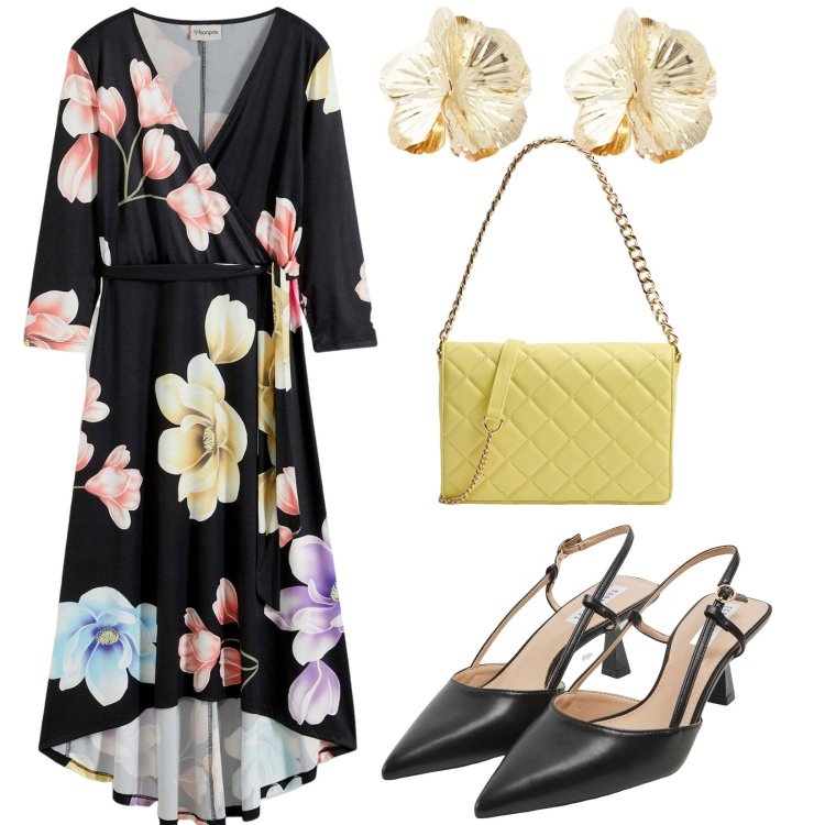 Outfit donna - Il vestito con stampa floreale. Stile Romantica per Cerimonia. Abbinamento con vestiti lunghi, sabot, borse a tracolla, orecchini.