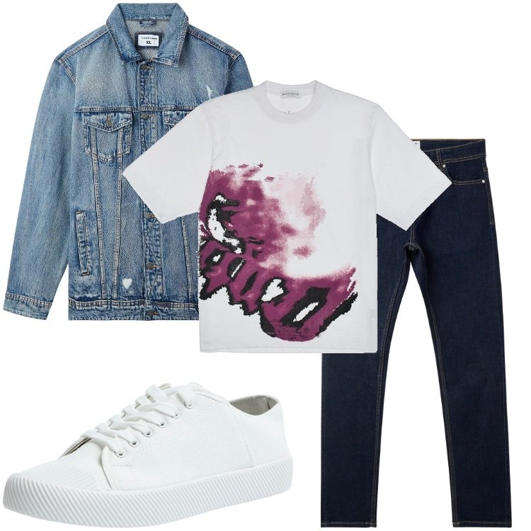 Outfit uomo - Il giubbotto di jeans con strappi. Stile Casual per Tutti i giorni. Abbinamento con jeans skinny, giacche, sneakers, t-shirt.