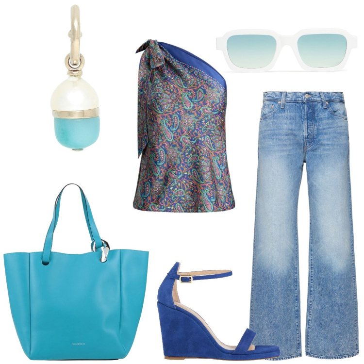 Outfit donna - In città. Stile Casual chic per Tutti i giorni. Abbinamento con sandali in pelle, orecchini, borse a mano, top, occhiali da sole, jeans.