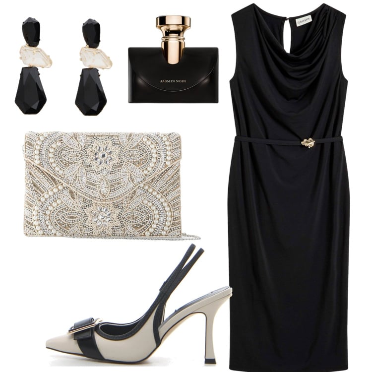 Outfit donna - Noir. Stile Chic per Serata fuori. Abbinamento con pochette, vestiti, profumi, orecchini, décolleté.
