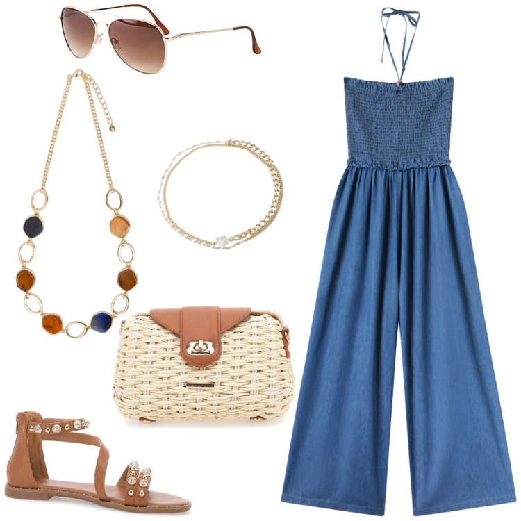 Outfit donna - La tuta in jeans. Stile Boho per Tutti i giorni. Abbinamento con occhiali da sole, tute, braccialetti, sandali, collane, borse a tracolla.