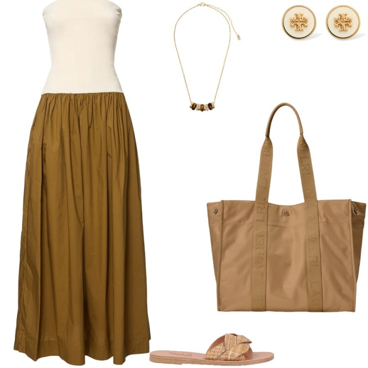 Outfit donna - Maxi. Stile Casual chic per Tutti i giorni. Abbinamento con sandali in pelle, borse tote, collane, vestiti, orecchini.