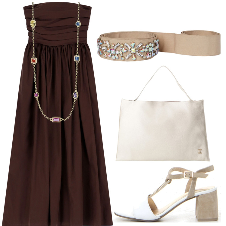 Outfit donna - Bohemien in Brown. Stile Boho per Ufficio. Abbinamento con collane, vestiti lunghi, borse a spalla, cinture, sandali col tacco.