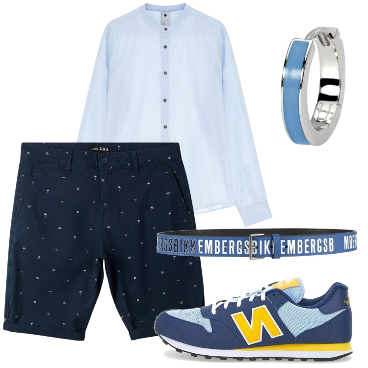 Outfit uomo - Quel tocco di blu. Stile Trendy per Tutti i giorni. Abbinamento con cinture, pantaloni corti, orecchini, camicie, sneakers.
