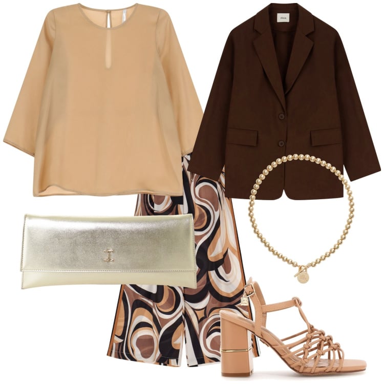 Outfit donna - Al teatro. Stile Chic per Serata fuori. Abbinamento con pantaloni, bluse, pochette, blazer, collane, sandali col tacco.
