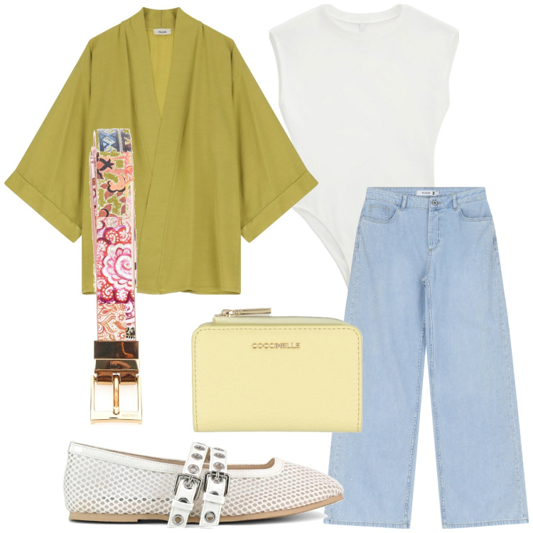 Outfit donna - Total look #2182564. Stile Trendy per Tutti i giorni. Abbinamento con portafogli, jeans, top, blazer, ballerine, cinture.