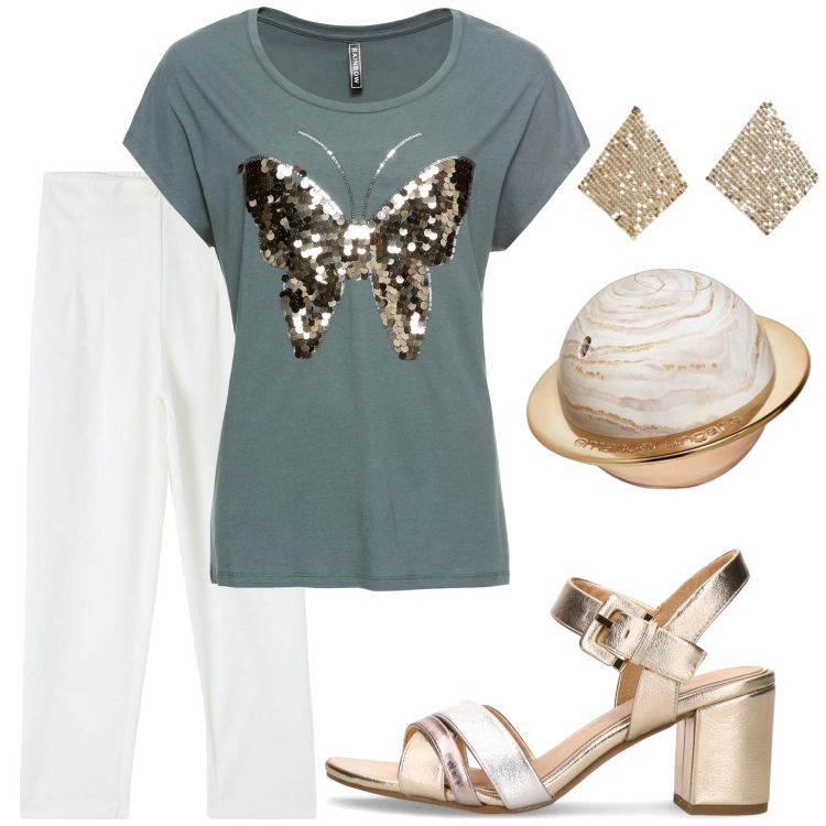 Outfit donna - Lunedì. Stile Trendy per Tutti i giorni. Abbinamento con bluse, profumi, pantaloni chino, orecchini, sandali col tacco.