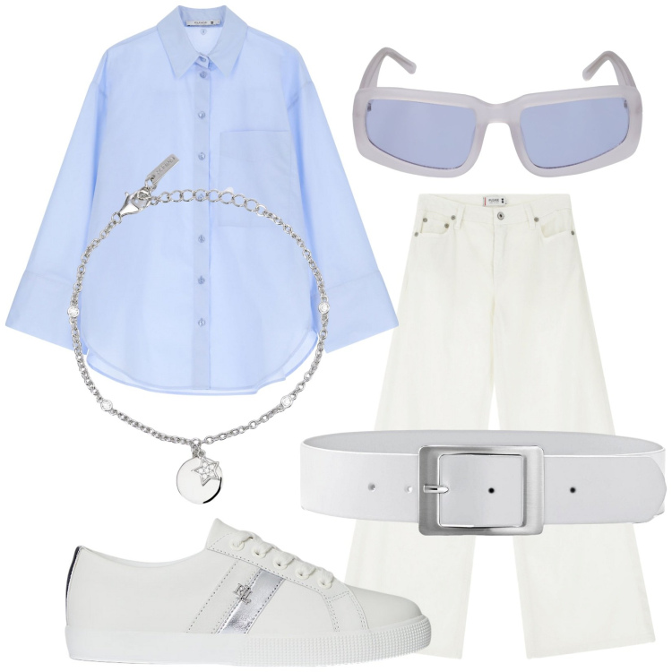 Outfit donna - Total look #2182566. Stile Casual per Tutti i giorni. Abbinamento con cinture, braccialetti con ciondoli, pantaloni, camicie, sneakers, occhiali da sole.