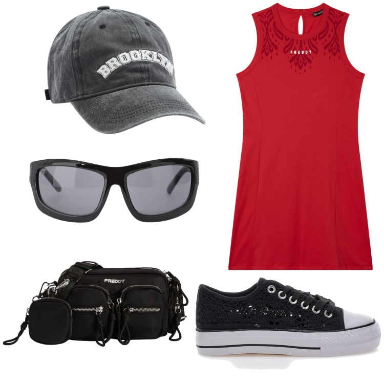 Outfit donna - Total look #2182568. Stile Basic per Tutti i giorni. Abbinamento con cappelli, occhiali da sole, vestiti midi/longuette, borse a tracolla, sneakers.