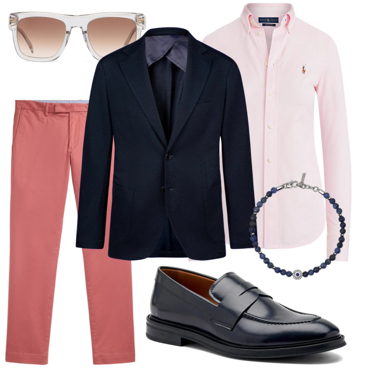 Outfit uomo - Rosato. Stile Casual per Tutti i giorni. Abbinamento con braccialetti, pantaloni chino, camicie, occhiali da sole, giacche, scarpe stringate.