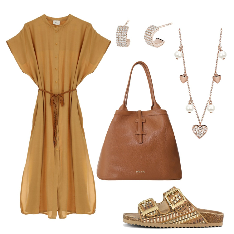 Outfit donna - Speziata. Stile Basic per Tutti i giorni. Abbinamento con orecchini, collane, borse tote, vestiti midi/longuette, sandali.